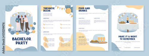 Bachelor party flat vector brochure template. Booklet, leaflet printable flat color designs. Editable magazine page, reports kit with text space. Nerko One, Quicksand, Comfortaa fonts used