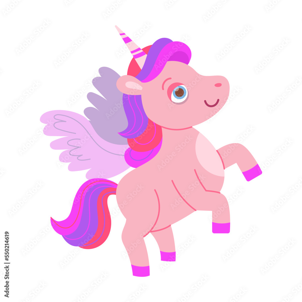 Cute unicorn with wings. Vector illustration of magic adorable pink animal with wings and horn isolated on white