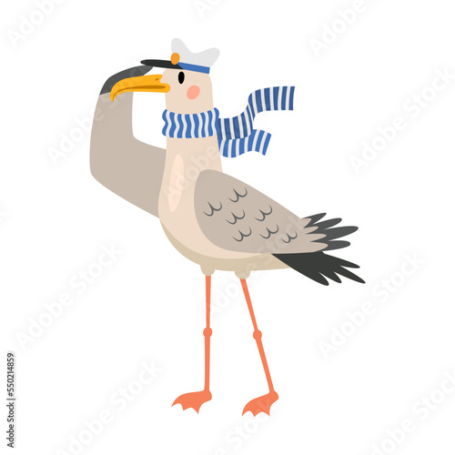 Seagull captain looking into distance cartoon illustration. Funny bird in hat flying with fish in its beak isolated on white background