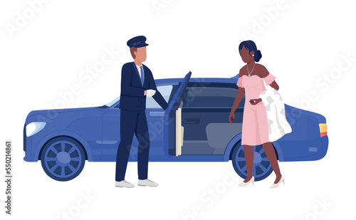 Personal chauffeur and lady in luxury dress semi flat color vector characters. Editable figures. Full body people on white. Simple cartoon style illustration for web graphic design and animation
