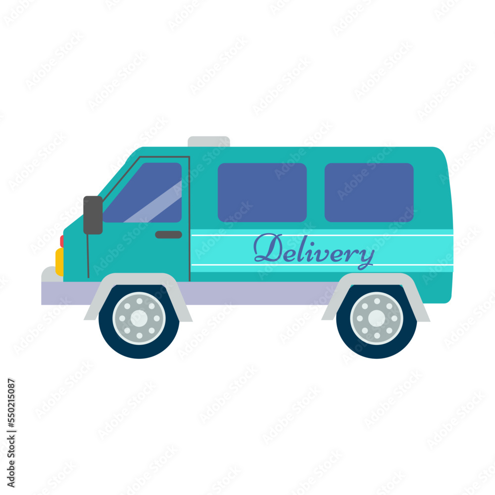 Mail delivery car. Express delivery service objects illustration. Courier cartoon character isolated on white background