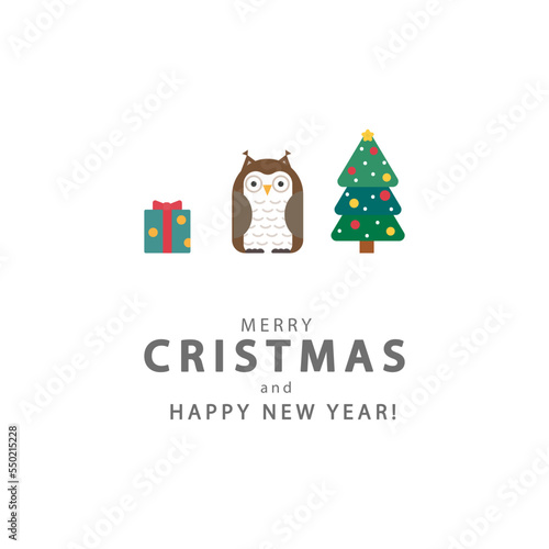 Fototapeta Naklejka Na Ścianę i Meble -  christmas card with christmas tree, owl, gift box
