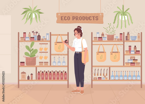 Shopping for eco products flat color vector illustration. Organic cosmetics purchase. Fully editable 2D simple cartoon character with store interior on background. Nerko One Regular font used
