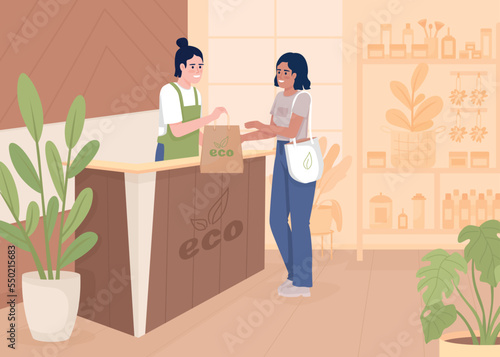 Customer and assistant at eco store flat color vector illustration. Organic cosmetics purchase. Fully editable 2D simple cartoon characters with shop on background. Nerko One Regular font used