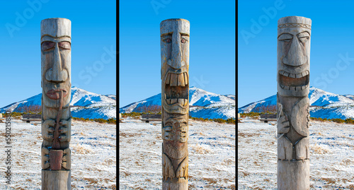 set of wooden idol statues near Vilyuchik volcano, Kamchatka Peninsula photo