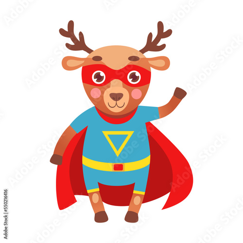 Hero forest deer, animal character cartoon illustration. Funny little superhero in cape and mask on white background