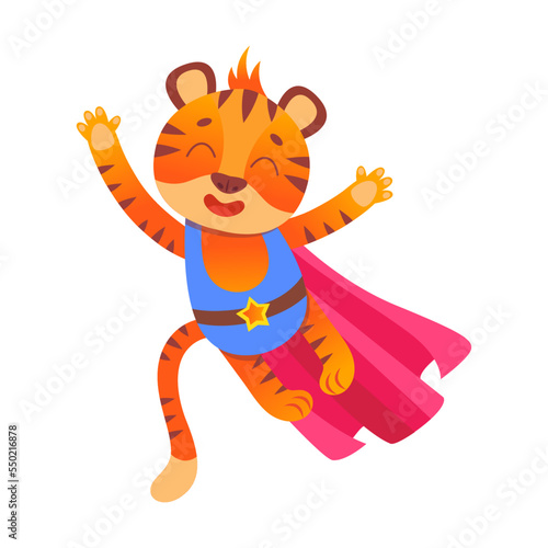 Hero striped tiger, animal character cartoon illustration. Funny little superhero in cape and mask on white background