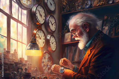 AI generated image of an old watchmaker at work in his shop	
 photo