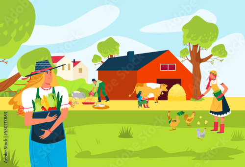 Modern agricultural organic farm place, people farmer together cultivation harvest plants flat vector illustration, country household.