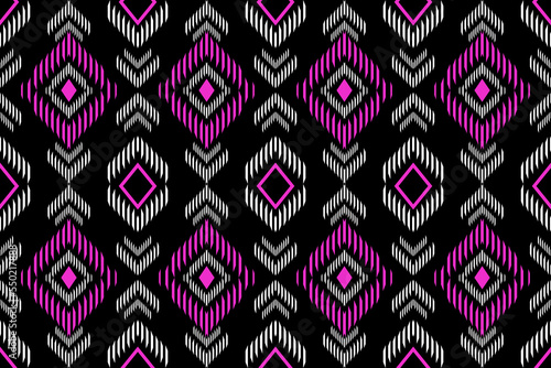 Ikat Aztec ethnic ornament seamless pattern. Design with geometric ikat, folk embroidery, indian, scandinavian, gypsy, mexican, african rug, ikat wallpaper background.