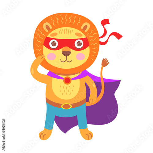 Hero brave lion, animal character cartoon illustration. Funny little superhero in cape and mask on white background