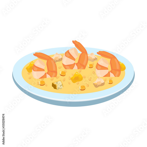 Soup with shrimp. Plate with seafood flat vector illustration. Dish from fish or shrimp, cooked crab, salmon and salad isolated on white. Food or seafood