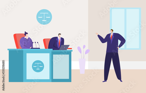 Work lawyer perform speech judge, character attorney male conversation protection defendant flat vector illustration, people counsel.