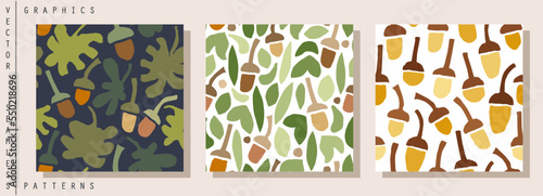 Trendy seamless patterns. Contemporary ornament of oak leaves, branches and acorns. Fun and simple kids graphics. Vector template