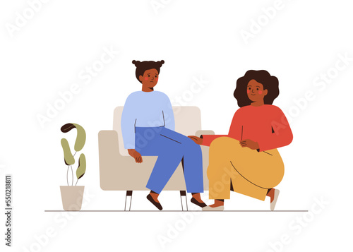 Mother supports her sad daughter. Depressed girl talks with her parent. School child shares her mental problems with her mom. Mental health and psychological help concept. Vector illustration
