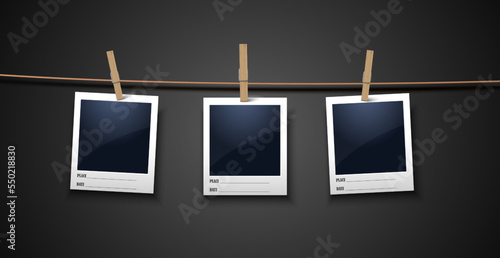 3d realistic vector illustration. Photo frames hanging on the rope. Memory board.