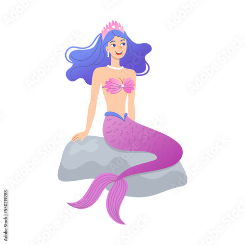 Mermaid character with fish tail, flat vector illustration. Beautiful mythical creature with underwater animals isolated on white