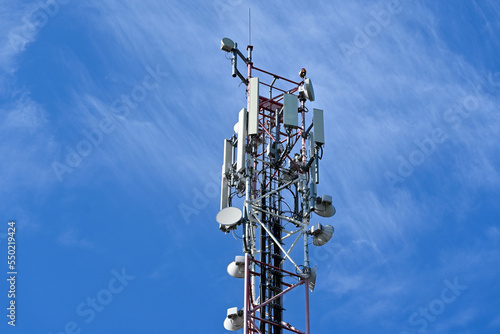 Top of a telecommunications tower carrying antennas of cellular networks in the Czech Republic
