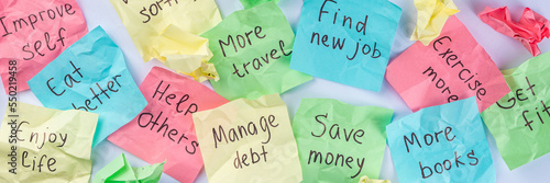 Wallpaper Mural New year goals or resolutions on bright colorful paper stickers. New Year goals List 2023, plan listing of new year beginnings goals and resolutions setting. Flat lay copy space on white background Torontodigital.ca