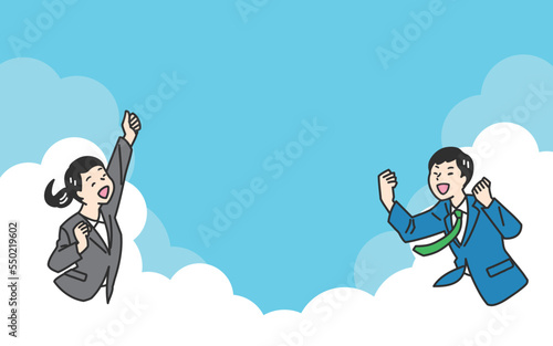 希望を胸にガッツポーズをするビジネスマン・ビジネスウーマンのシンプルタッチのイラスト素材