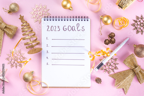 Konstfotografi Notebook with New's Year Resolutions massage, with Christmas ornaments and decor