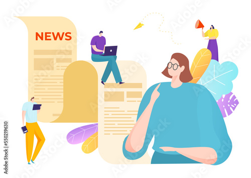 Newspaper breaking news concept tiny character, read online broadcast headline flat vector illustration, isolated on white.