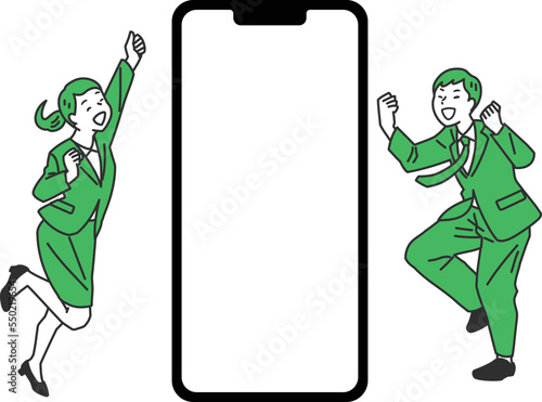 スマホアプリを紹介するビジネススーツの男女のシンプルタッチのイメージイラスト素材