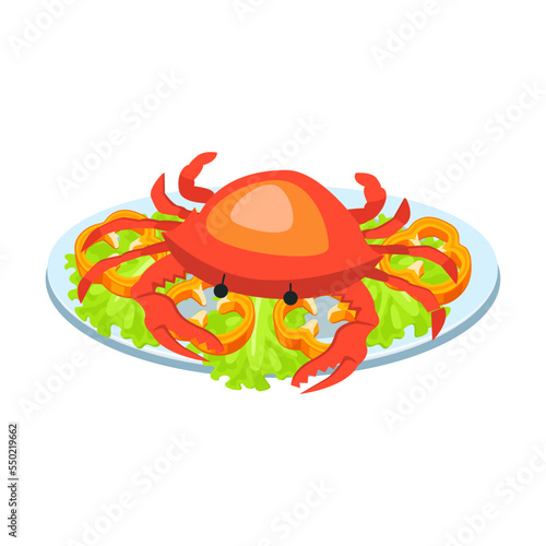 Plate with seafood crab flat vector illustration. Dish from fish or shrimp, cooked crab, salmon and salad isolated on white. Food or seafood