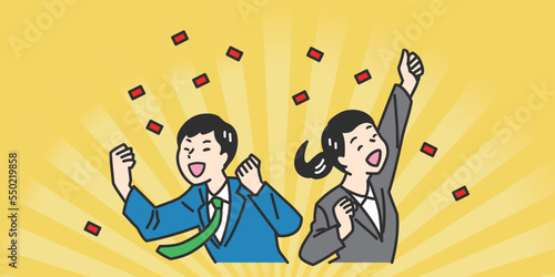 嬉しいことがあって喜んでいるスーツの男女のシンプルタッチのイラスト素材