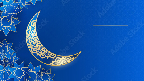 Ramadan Kareem greeting card. Blue Golden lantern on the shelf with handwritten arabic calligraphy means Ramadan Kareem. Vector illustration in 3d realistic style for islamic muslim holidays