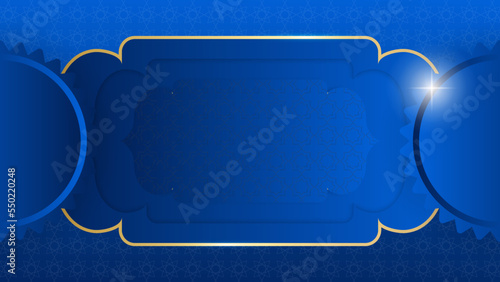 Ramadan Kareem greeting card. Blue Golden lantern on the shelf with handwritten arabic calligraphy means Ramadan Kareem. Vector illustration in 3d realistic style for islamic muslim holidays