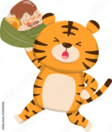Fototapeta Naklejka Na Ścianę i Meble -  Cute tiger jumping with traditional food for Chinese Dragon Boat Festival: Zongzi with bamboo leaves, glutinous rice food