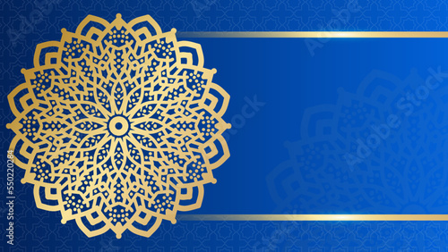 Ramadan Kareem greeting card. Blue Golden lantern on the shelf with handwritten arabic calligraphy means Ramadan Kareem. Vector illustration in 3d realistic style for islamic muslim holidays