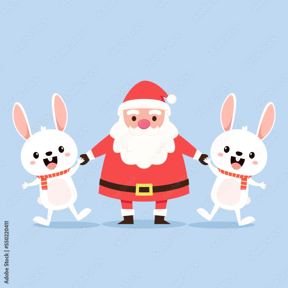 Merry Christmas and happy new year greeting card with cute Santa Claus, deer, gifts. Holiday cartoon character in winter season. Merry Christmas and happy new year greeting card with cute Santa Claus, deer, gifts. Holiday cartoon character in winter season.