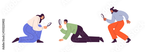 People searching, looking with magnifying glass, lens. Characters with loupes, magnifiers investigating, analyzing. Business research concept. Flat vector illustrations isolated on white background