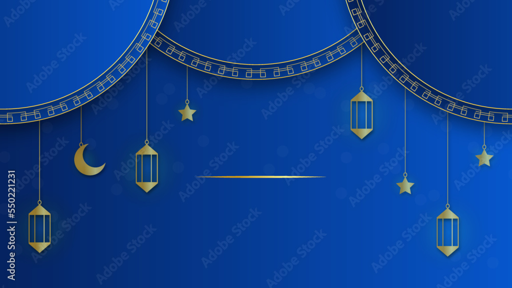 Ramadan Kareem greeting card. Blue Golden lantern on the shelf with handwritten arabic calligraphy means Ramadan Kareem. Vector illustration in 3d realistic style for islamic muslim holidays