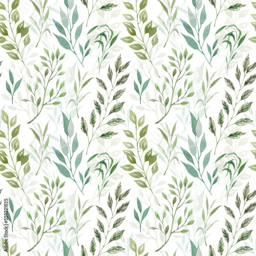 Watercolor seamless pattern of green herbs and leaves. Ideal for designer decoration. Illustration of plants  greenery on a white background.