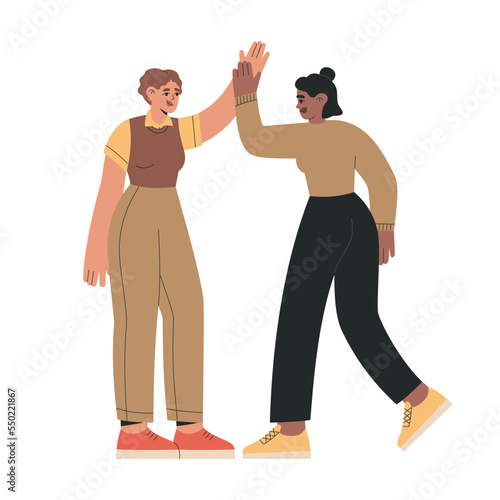 Two funny young girls giving high five. Friendly meeting, greetings, gesture of partnership and success. Hand drawn colored vector illustration isolated on white background, flat cartoon style