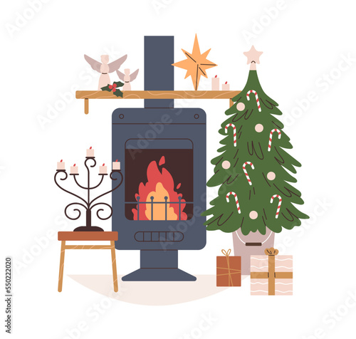 Home fireplace, Christmas tree with ornament. Holiday fire, hearth in metal fireside with grate, gift boxes and festive Xmas fir, decoration. Flat vector illustration isolated on white background
