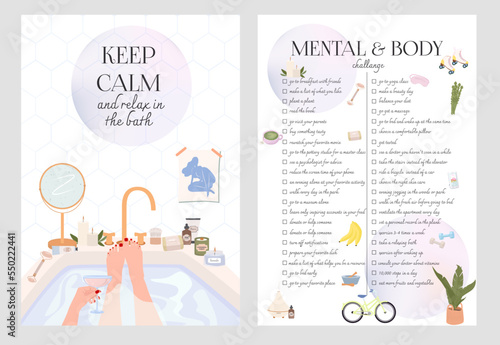 Self care, Body care, mental health inspiration posters. Mental and body chalange. Editable vector illustration photo