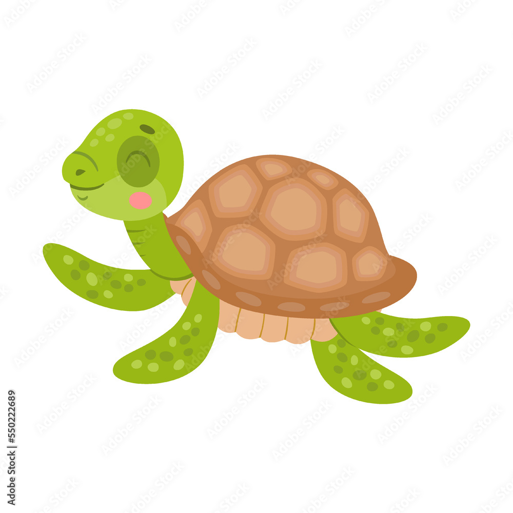 Obraz premium Funny young turtle, ocean or sea creature character vector illustration. Cute funny underwater animal for kids isolated on white