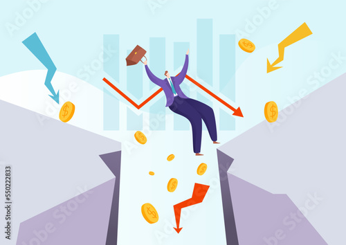 Businessman fall down rift cash money, world business crisis unsuccessful firm plan, finance meltdown flat vector illustration.