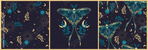 Set of seamless patterns with blue butterflies and constellations. Trendy texture for print, textile, packaging.