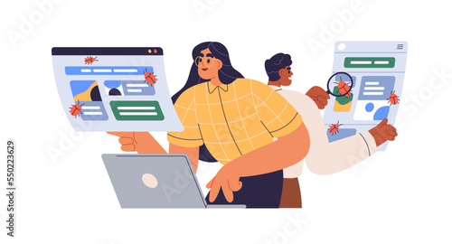 Software testing concept. QA team finding, searching, looking for bugs, errors in program, system. Testers in Quality assurance department. Flat vector illustration isolated on white background