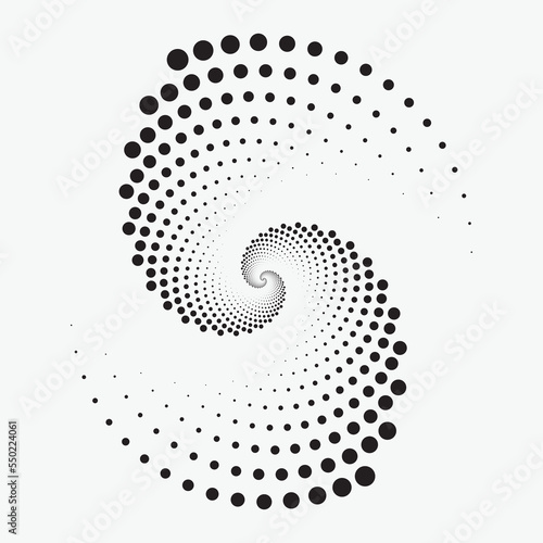 Circle halftone spiral background. dots abstract concentric circle. spiral, swirl, twirl element. Circular and radial dots helix. Segmented circle with rotation.	