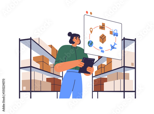 Warehouse manager organizing delivery of goods in boxes. Storehouse worker with tablet PC and packages on shelf. Digital smart logistics concept. Flat vector illustration isolated on white background