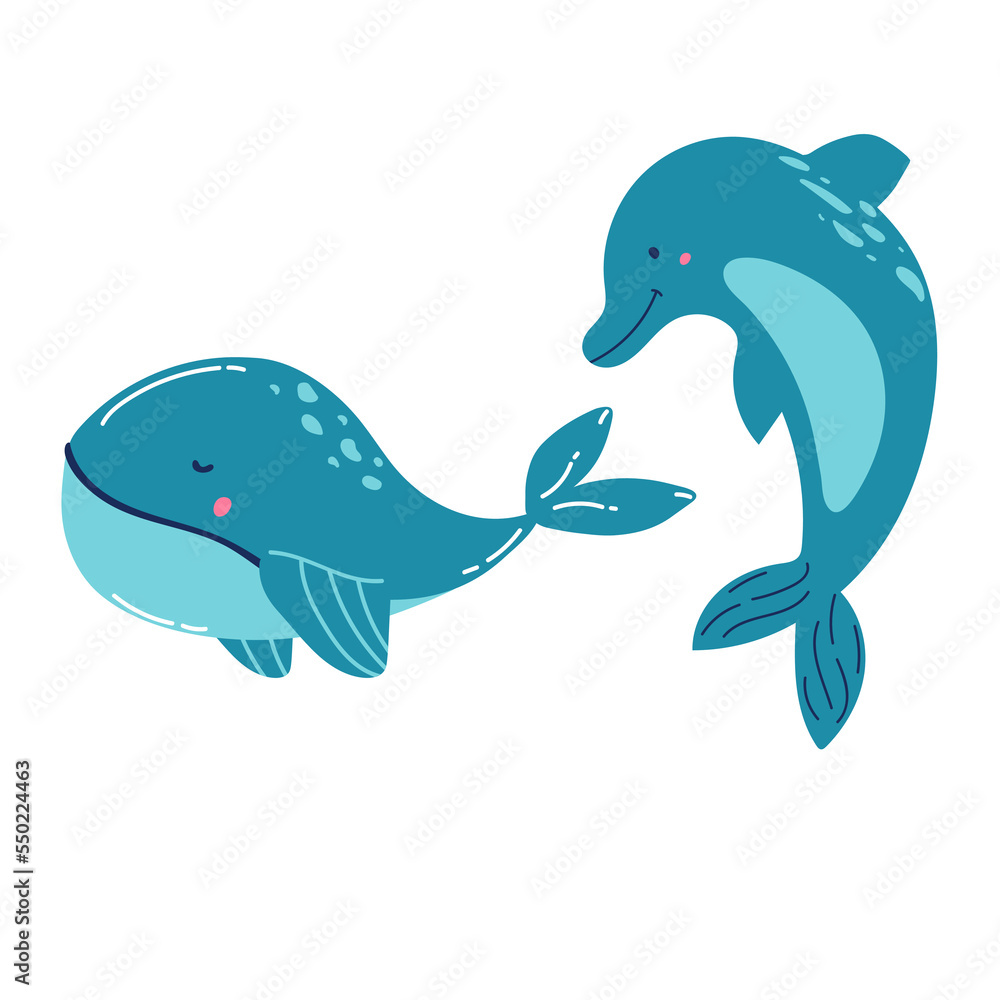 Set of marine mammals blue whales, sharks, sperm whales, dolphins, beluga whales, narwhal killer whales. Cartoon vector graphics Set of marine mammals blue whales, sharks, sperm whales, dolphins, beluga whales, narwhal killer whales. Cartoon vector graphics