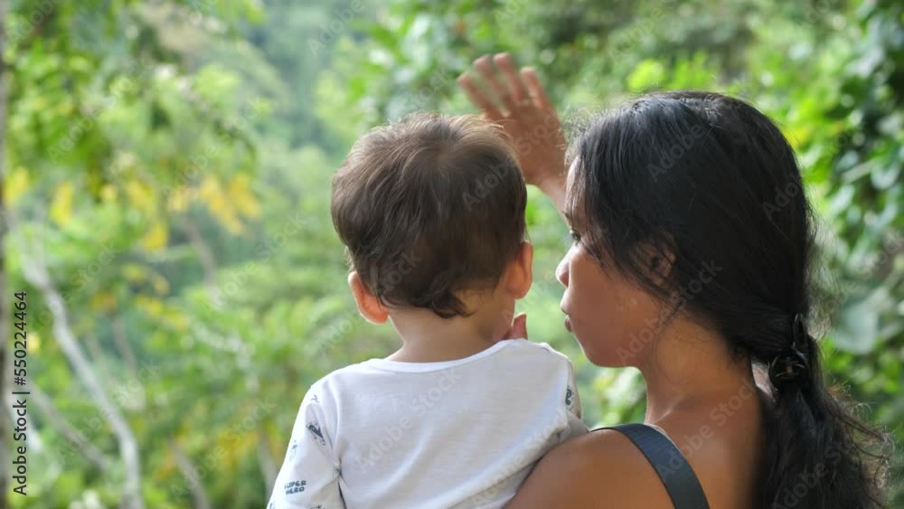 Close up Back view of a mother carrying little a boy in nature background. Close up Back view of a mother carrying little a boy in nature background.