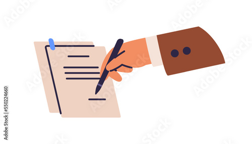 Hand signing business document. Signature on paper contract, legal agreement. Commercial deal conclusion, paperwork, verification concept. Flat vector illustration isolated on white background