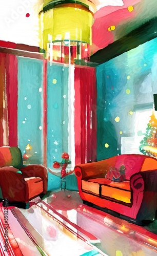 Merry Christmas living room cozy decoration. New year interior in warm bright colors. Christmas illustration. Digital watercolor and acrylic mixed painting art. Greeting or postcard design background